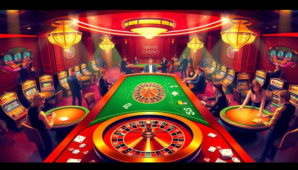 Experience thrilling gameplay at 58WIN Casino with poker tables, roulette wheels, and dynamic energy.