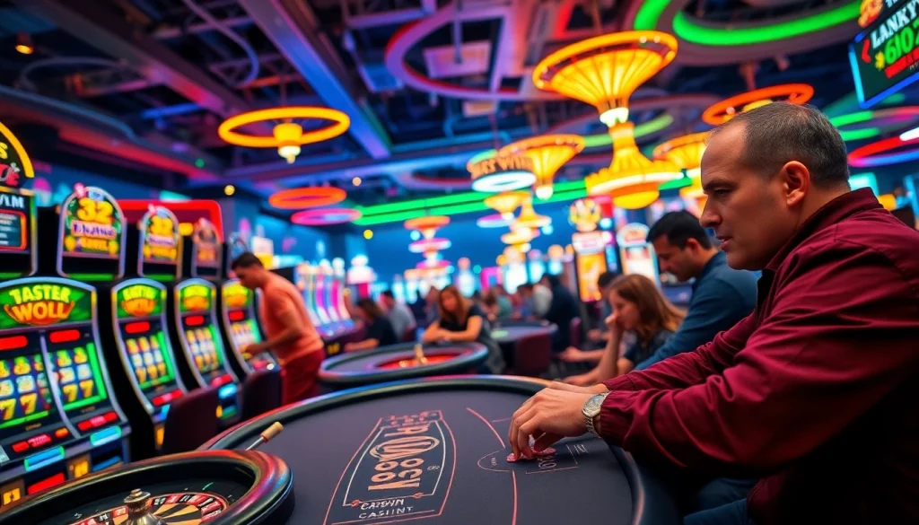 Players experience thrills at a 32WIN casino with vibrant slot machines and poker tables.
