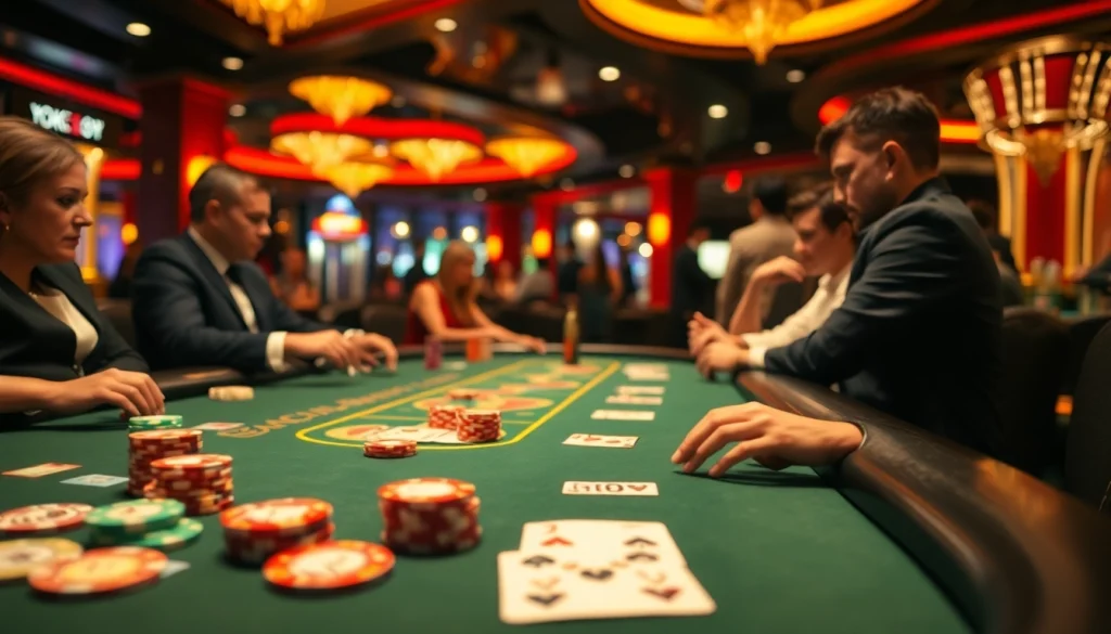 GO8-themed poker table showcasing chips and cards at an upscale casino.