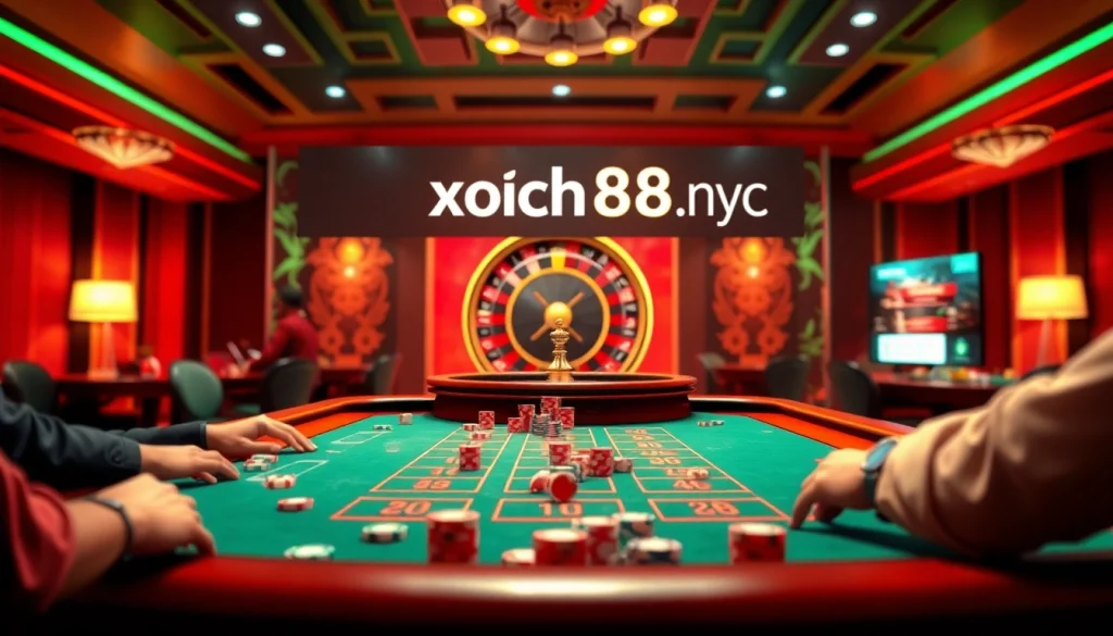 Enjoy Xocdia88.nyc with immersive online Xóc Đĩa gameplay surrounded by colorful chips and vibrant casino lights.