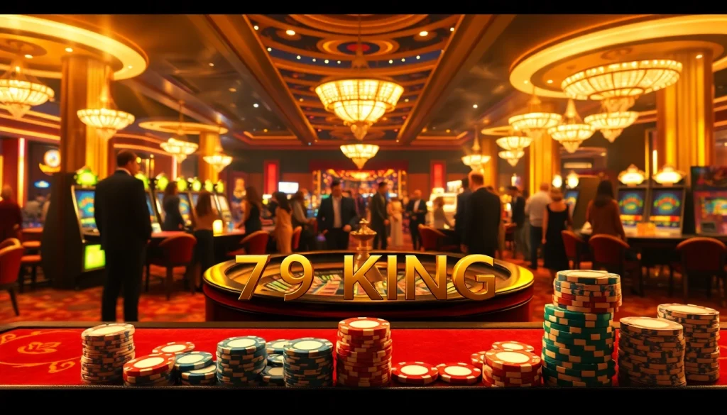 Experience the excitement of 79KING while players gather around a glimmering roulette table in a luxurious casino.