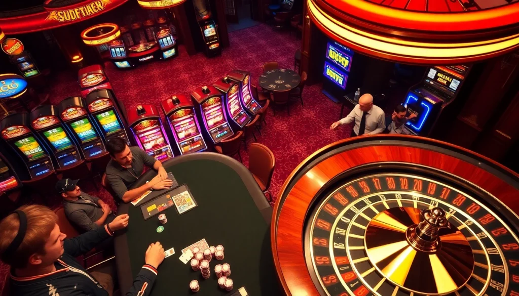 C168 poker players strategizing at a vibrant casino table with bright slot machines behind.